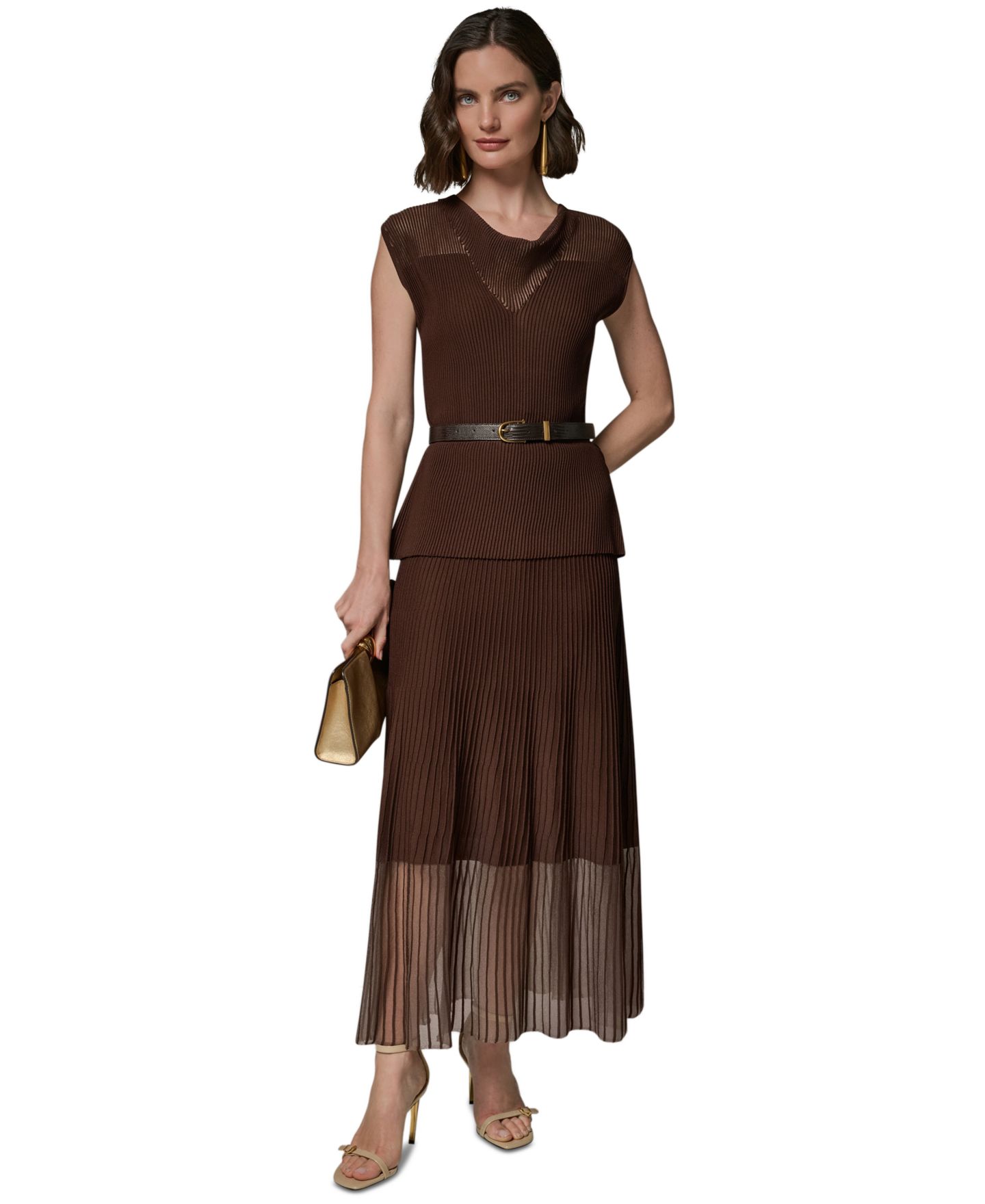Женское платье Donna Karan New York Sleeveless Knit Maxi Sweater Dress with Belt, цвет: Canyon — фото 1