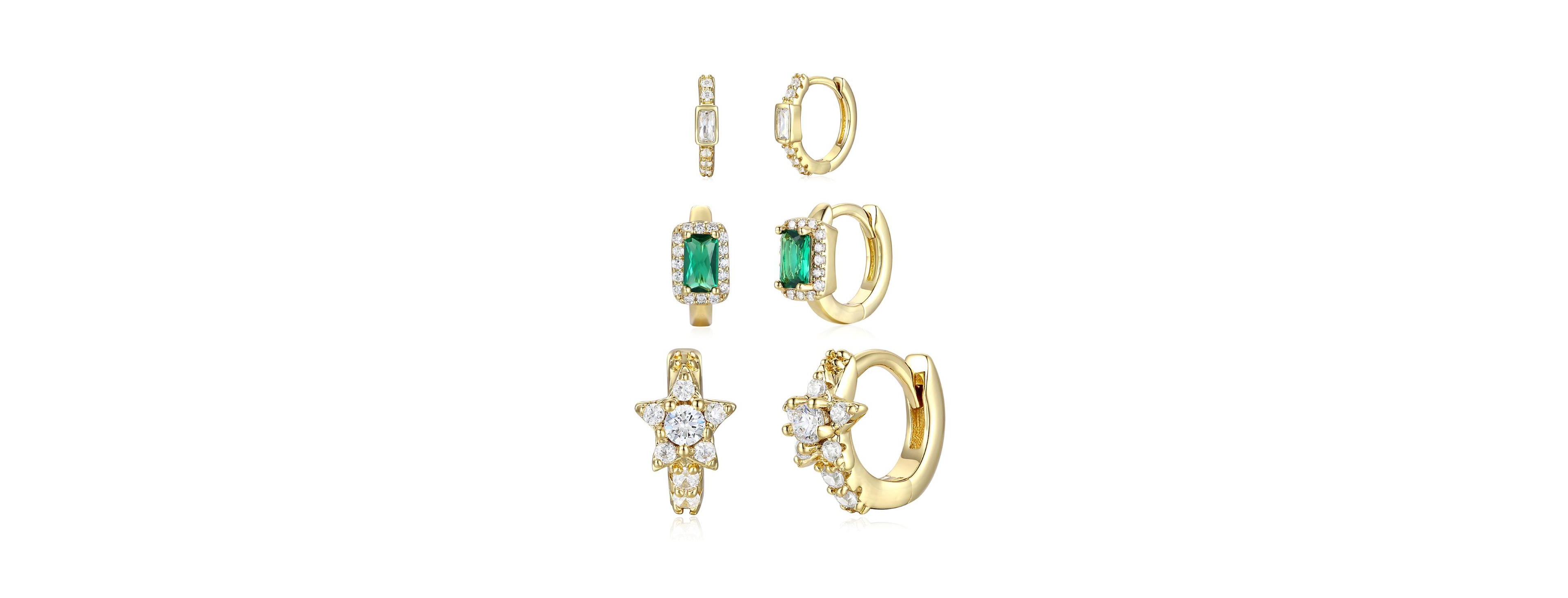 14k Gold Plated with Green & Cubic Zirconia Halo Star 3-Piece Hoop Earrings Set