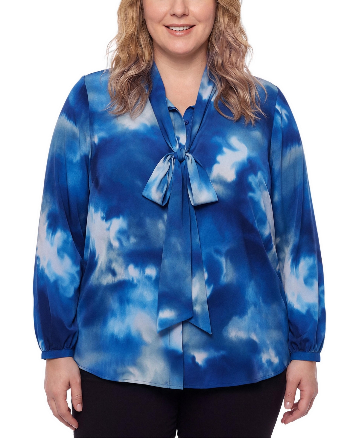 Torrid Plus Size Studio Luxe Collared Long-Sleeve Bow Blouse - Golden night blue