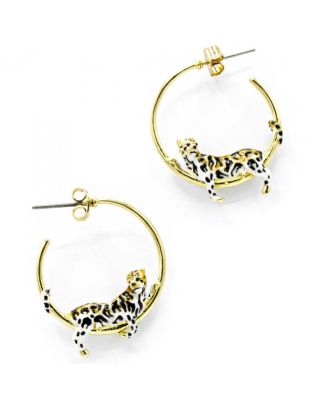 Gold-Tone Hand-Painted Enamel Clouded Leopard Statement Hoops