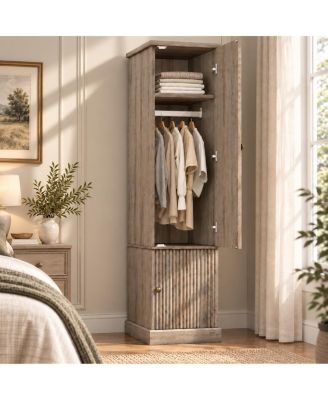 72 Inch Narrow Wooden Fluted Armoire Wardrobe Closet, Farmhouse Style With Adjustable Shelves, Hanging Rail and Soft-Close Doors For Bedroom