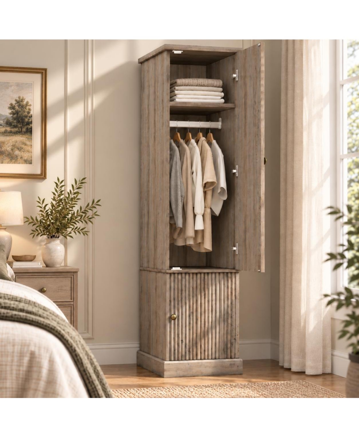 gaomon 72 Inch Narrow Wooden Fluted Armoire Wardrobe Closet, Farmhouse Style With Adjustable Shelves, Hanging Rail and Soft-Close Doors For Bedroom -