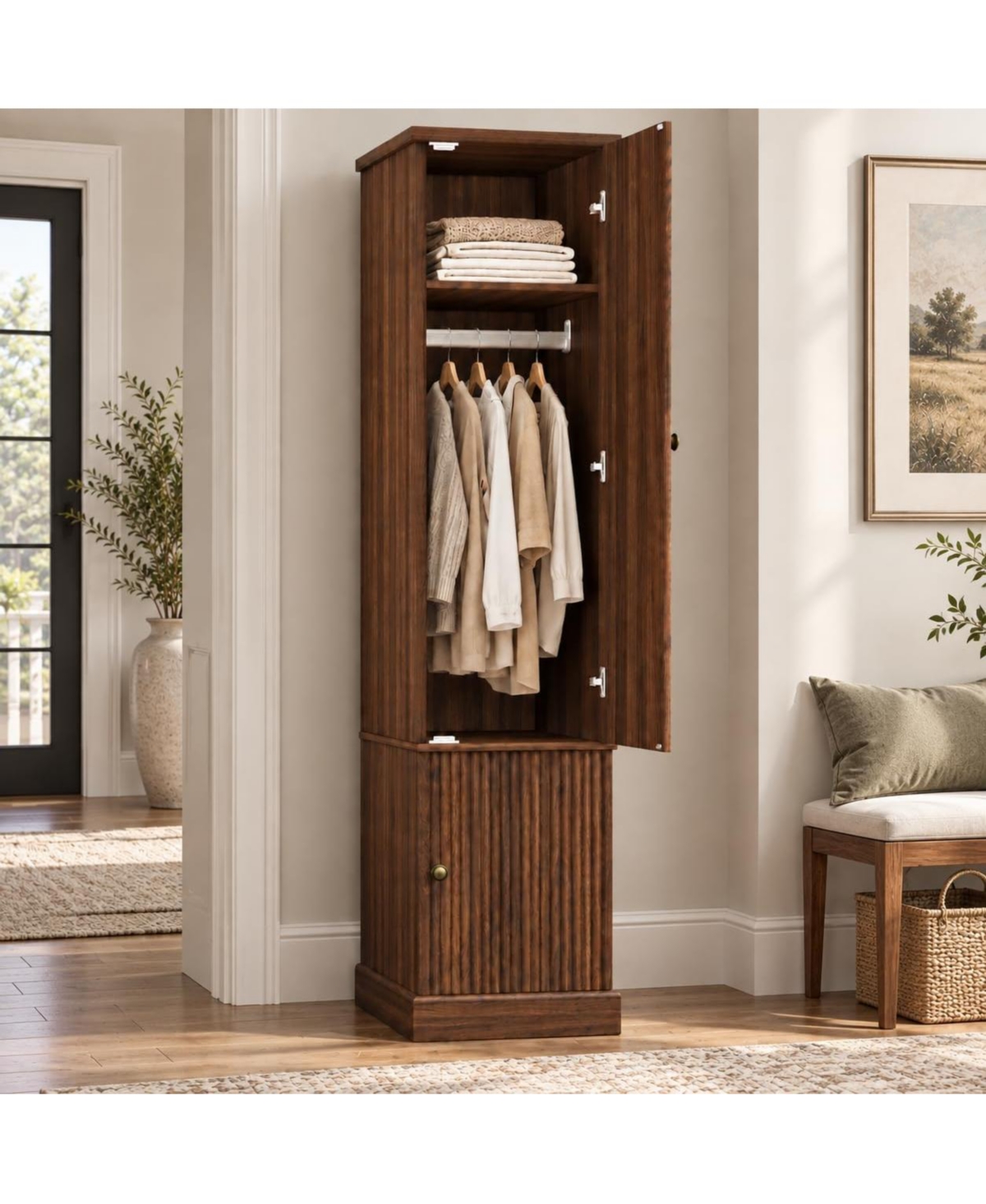 gaomon 72 Inch Narrow Wooden Fluted Armoire Wardrobe Closet, Farmhouse Style With Adjustable Shelves, Hanging Rail and Soft-Close Doors For Bedroom -