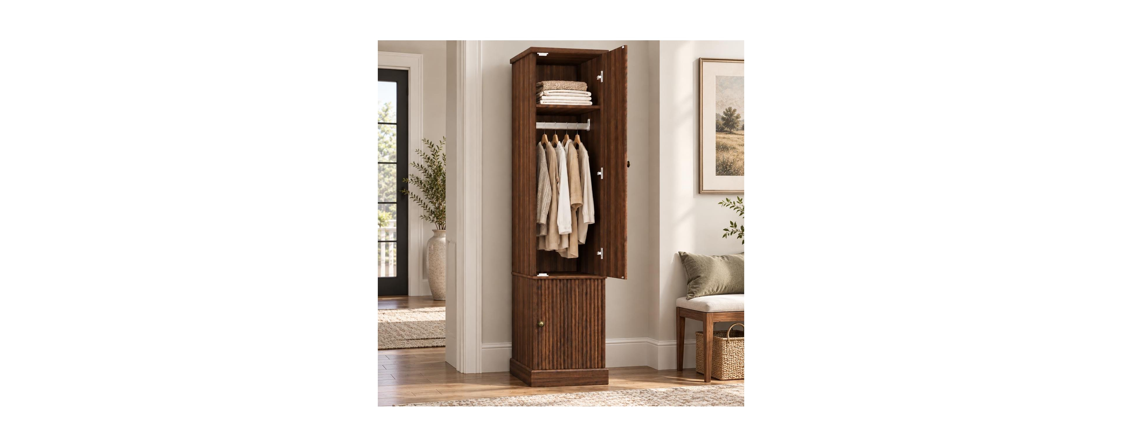 gaomon 72 Inch Narrow Wooden Fluted Armoire Wardrobe Closet, Farmhouse Style With Adjustable Shelves, Hanging Rail and Soft-Close Doors For Bedroom