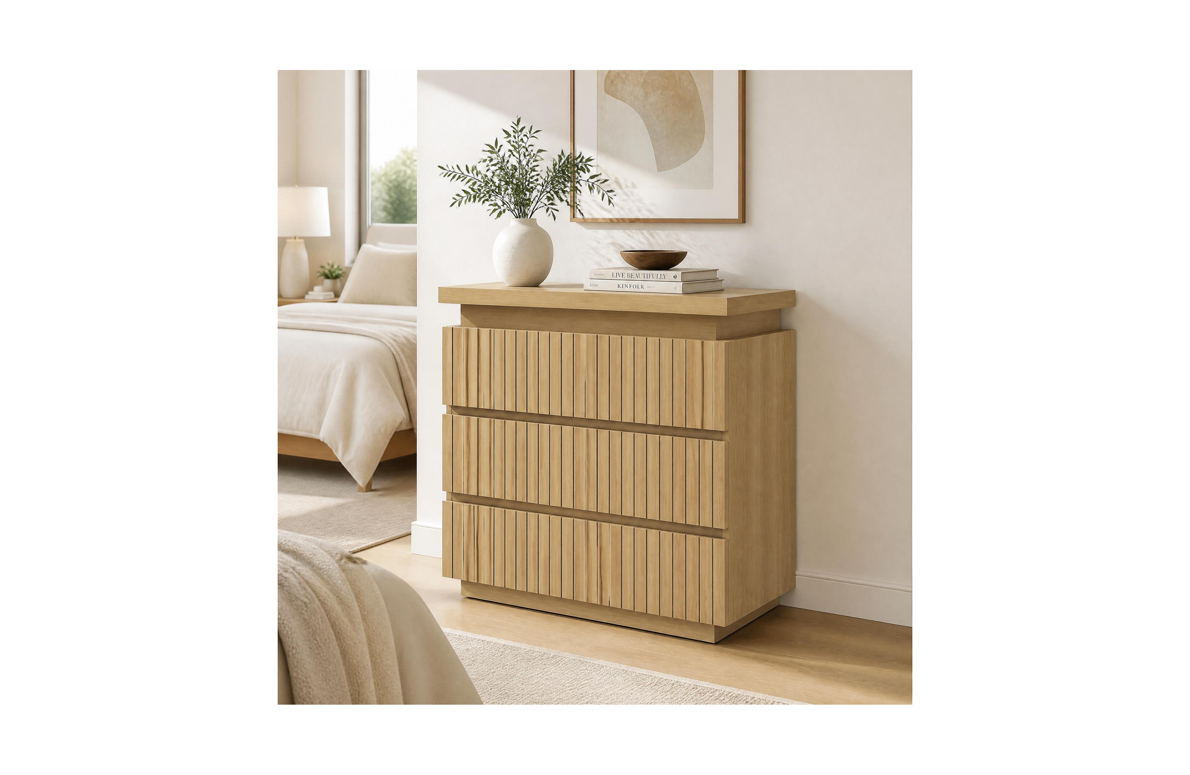 gaomon 3-Drawer Dresser with modern fluted design, thick floating top, and handleless wood storage. Ideal for bedrooms, entryways, small spaces.