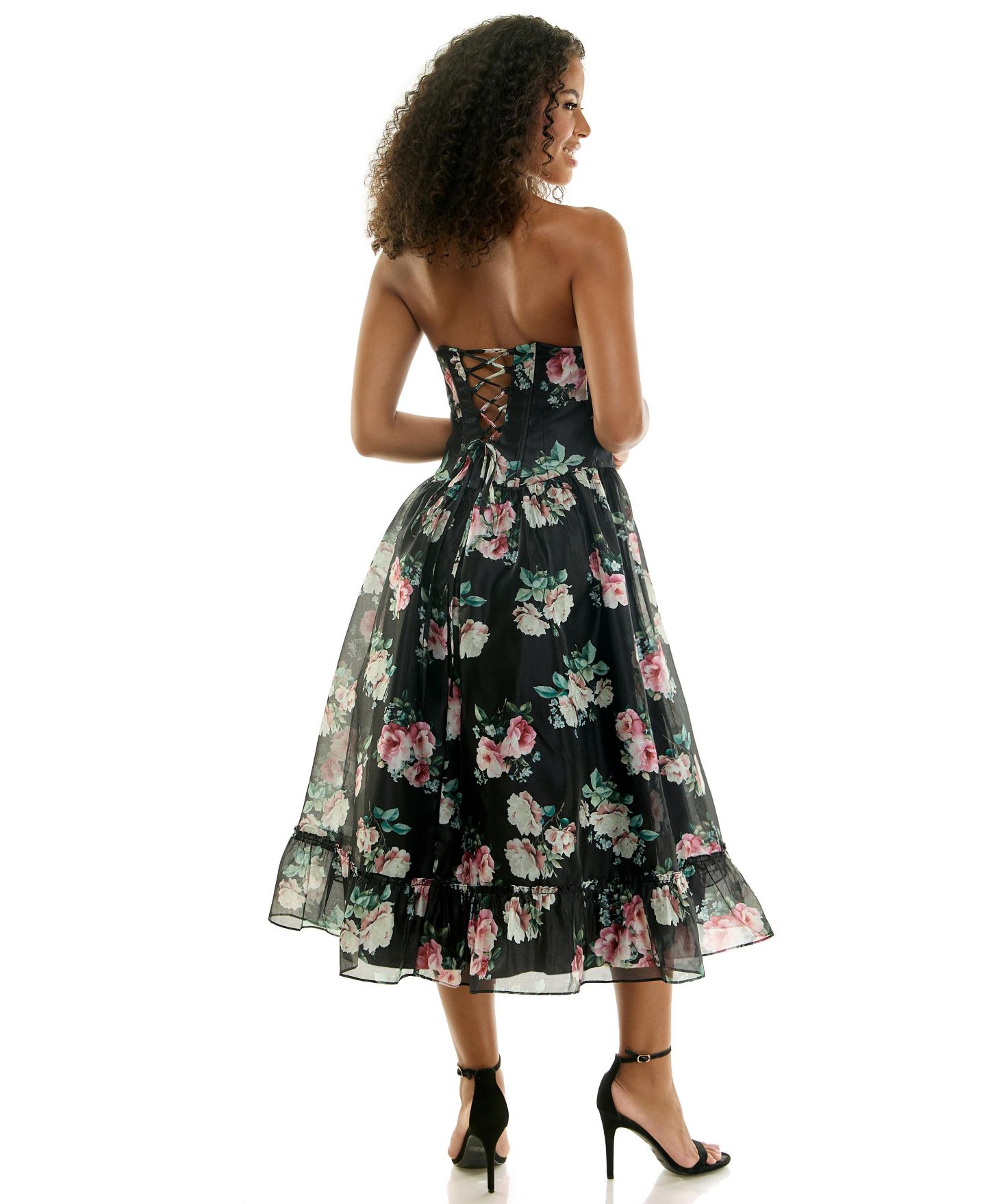 Женское платье SENI & CADE Juniors' Floral Corset-Detailed Midi, цвет: Чёрный / Зелёный — фото 5