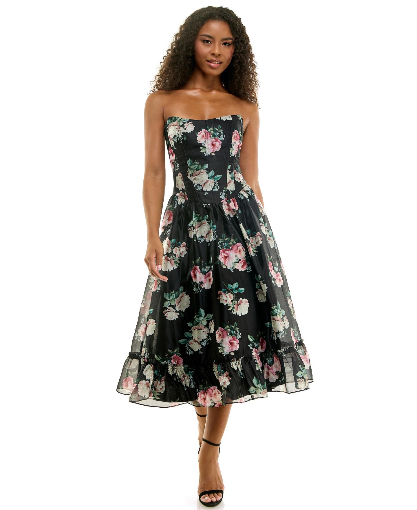 Женское платье SENI & CADE Juniors' Floral Corset-Detailed Midi, цвет: Чёрный / Зелёный — фото 1