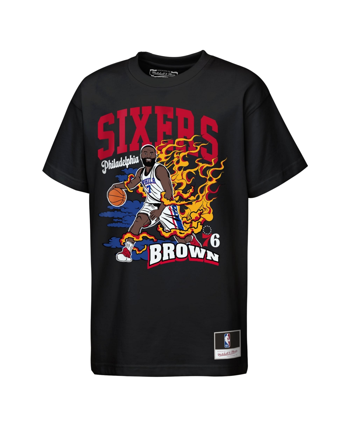 Mitchell & Ness Big Boys' and Girls' Jaylen Brown Black Philadelphia 76ers Fired Up T-Shirt - Black