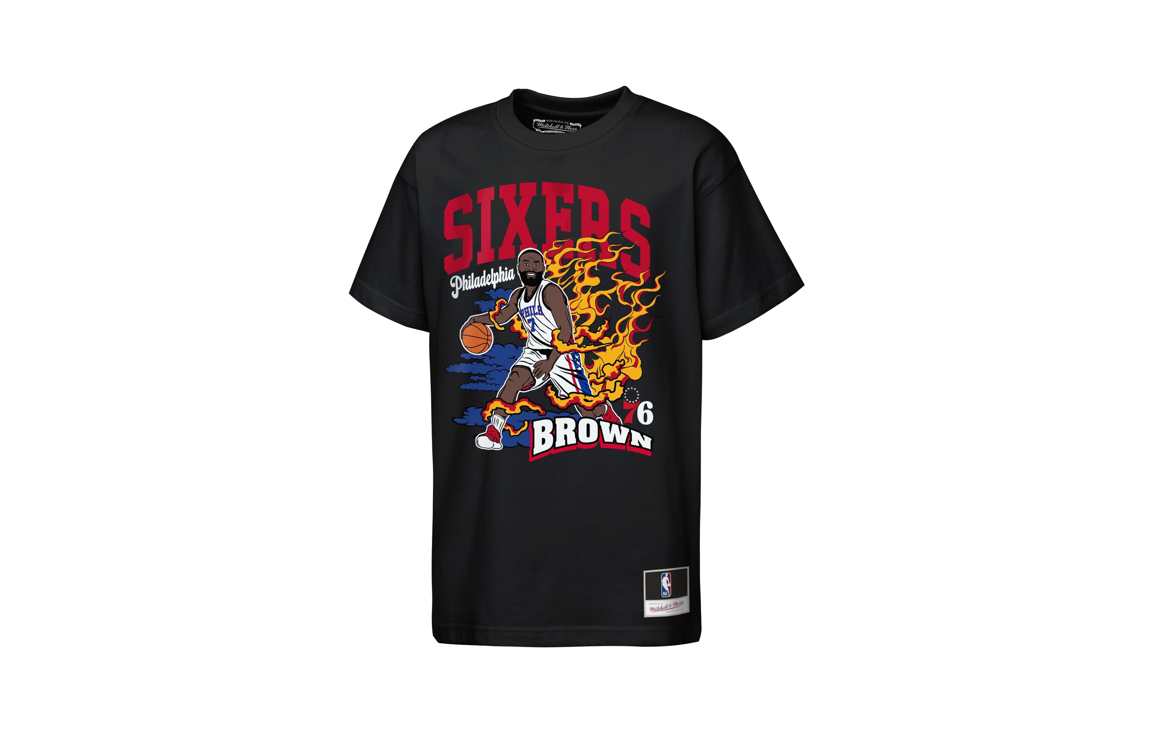 Mitchell & Ness Big Boys' and Girls' Jaylen Brown Black Philadelphia 76ers Fired Up T-Shirt