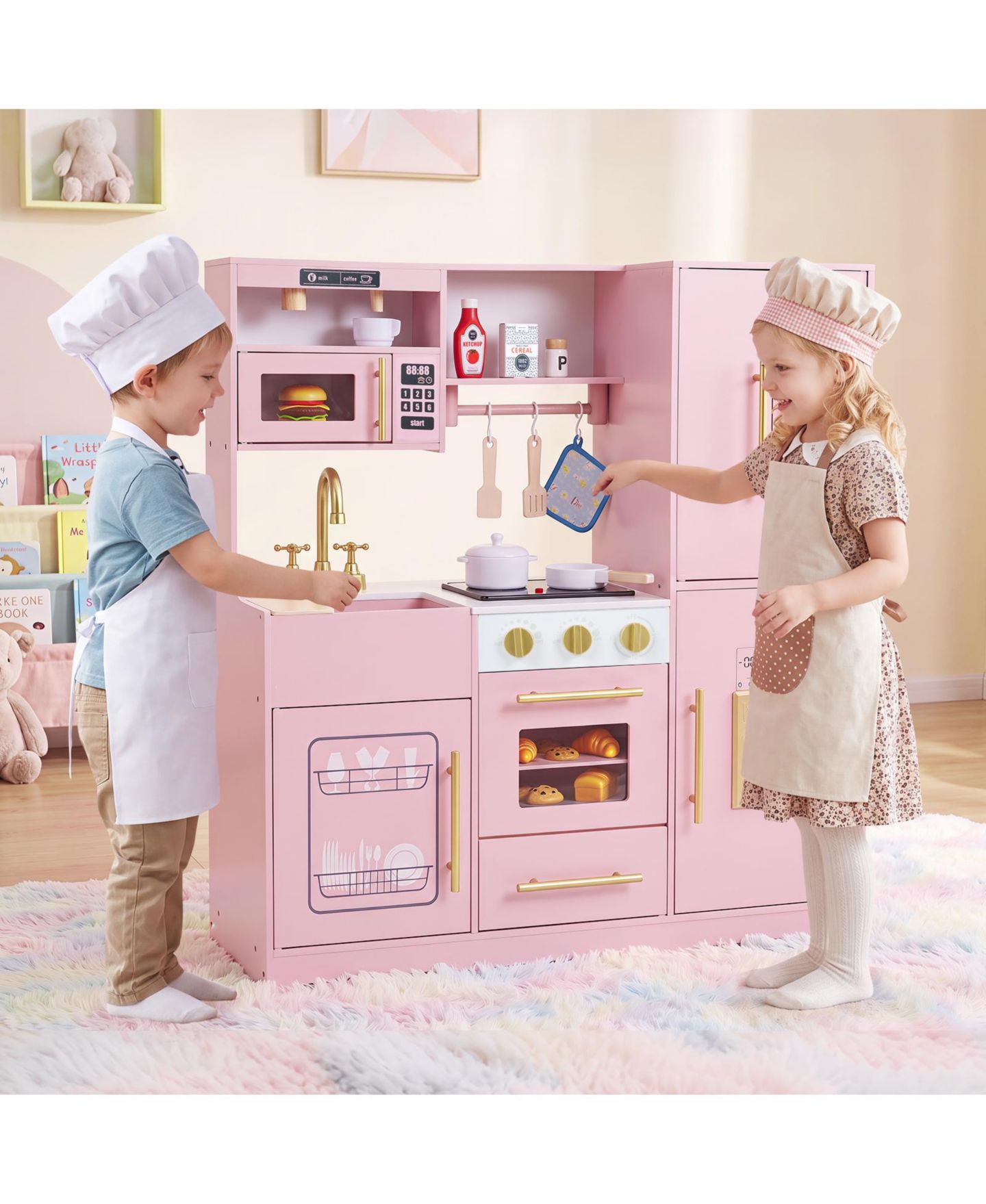 Детская игрушка Costway Wooden Play Kitchen with Realistic Lights and Sounds, от 3 лет, цвет: Розовый — фото 4