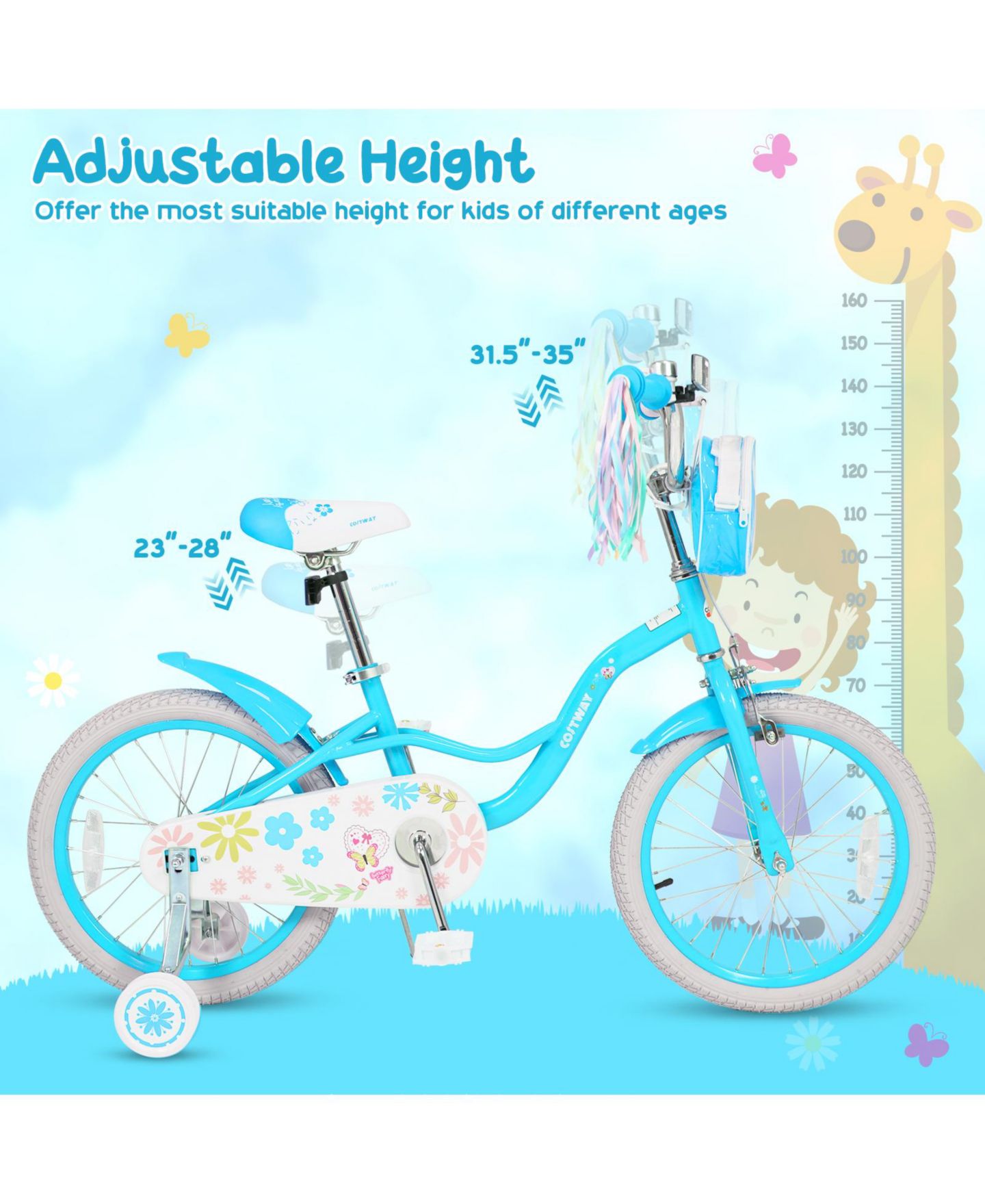 Детские игрушки Costway Girls 18" Bike with Front Bag, Training Wheels, 4–8 лет, цвет: Синий — фото 7