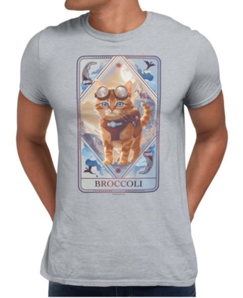 Мужская футболка Fourth Wing The Empyrean Broccoli Adventure Cat Card Graphic Crewneck, цвет: Серый