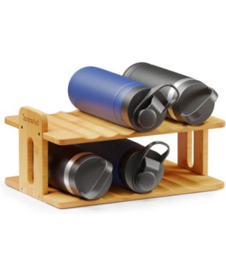 Bamboo Water Bottle Organizer with Labels for Kitchen and Pantry,(2-Tier, Hold 6 Bottles)