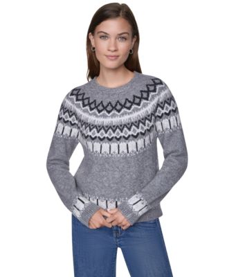 Petite Fair Isle Long-Blouson Sleeves Split Back Collar Sweater