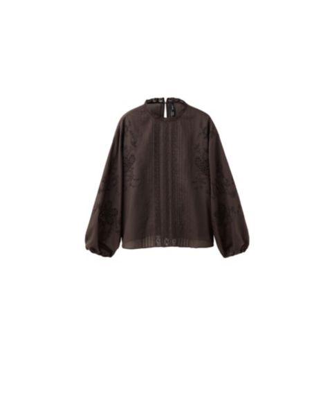 Женская блузка Mango Embroidered Puff-Sleeve, цвет: Коричневый