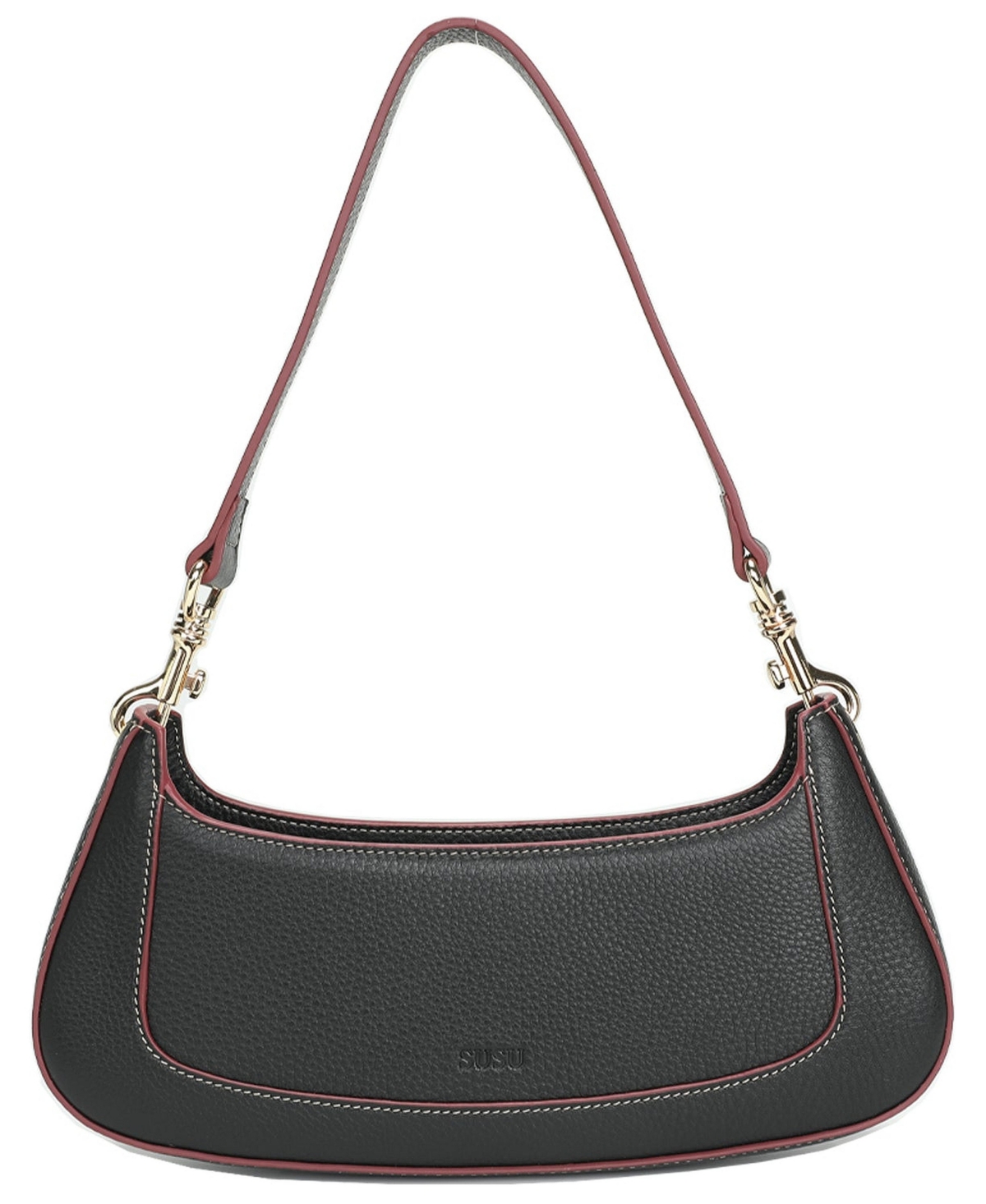 Susu Genuine Pebbled Leather East-West Baguette Crescent Hobo Shoulder Bag - Black/noir/onyx black