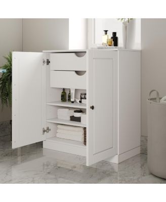 Solid Wood Freestanding Bathroom Linen Cabinet with Raised Panel Doors, 2 Drawers, Adjustable Shelves