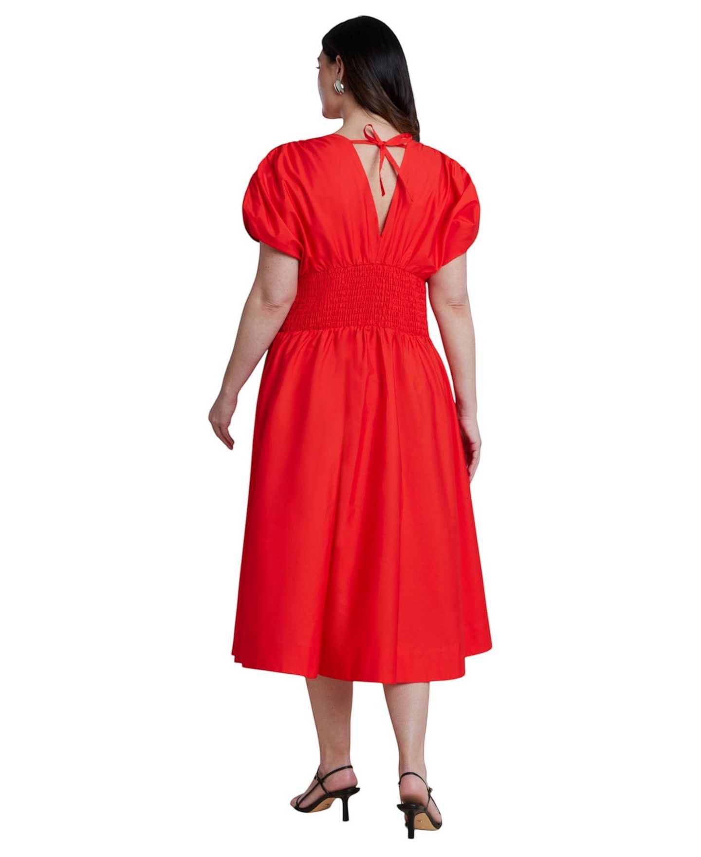 Женское платье ELOQUII Plus Size V-Neck Flared Smocked Midi, цвет: Красный — фото 2