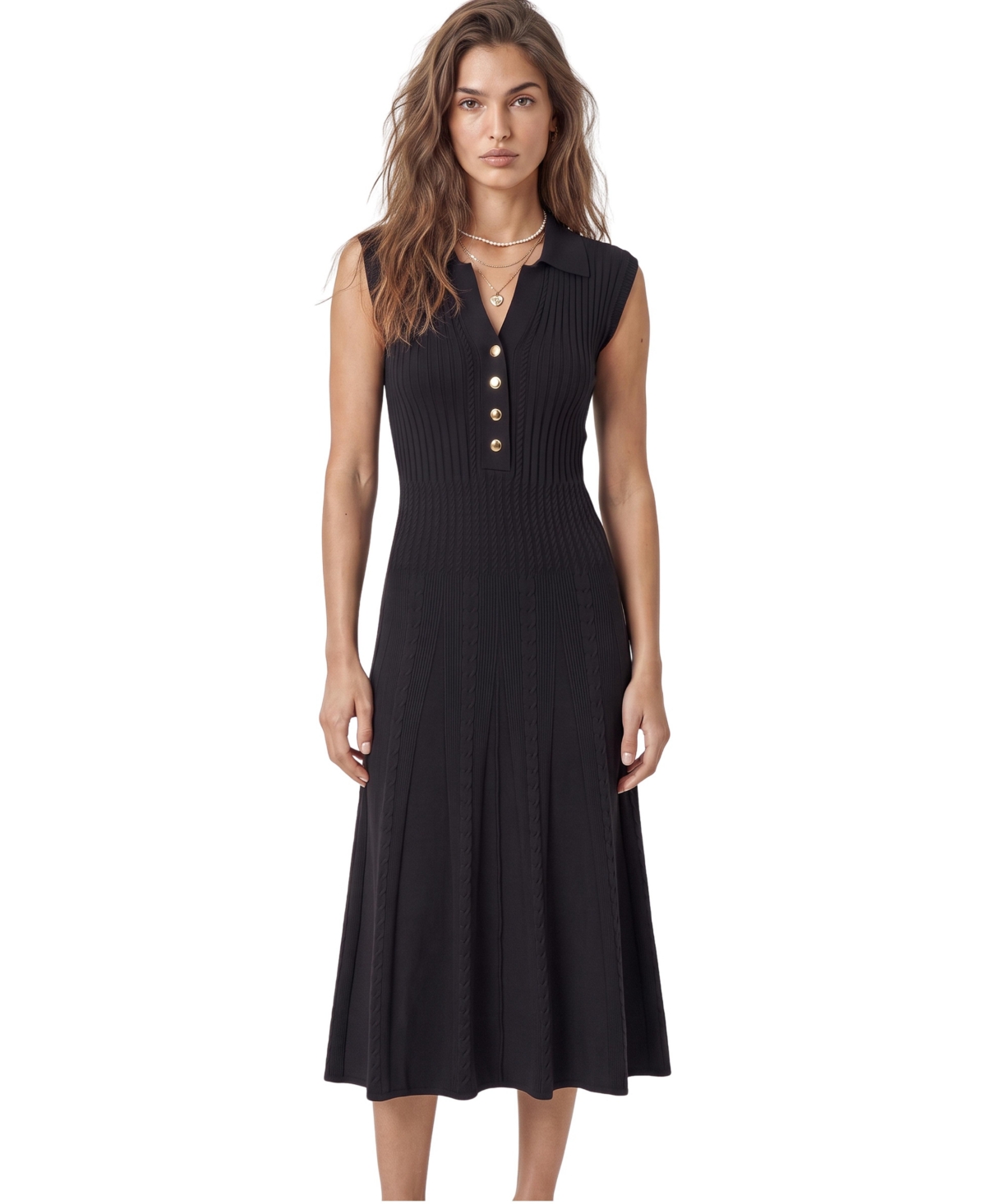 Modenaire Women's Sleeveless Collared Button-Front Midi Dress - Black