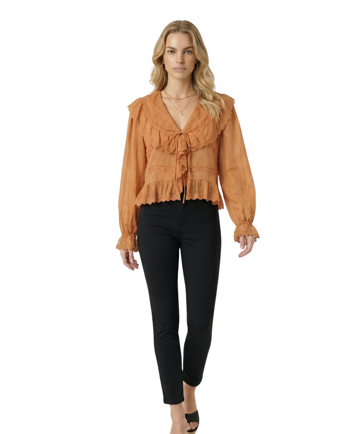 Женская блузка Modenaire Ruffled Lace-Trim Tie-Front, цвет: Оранжевый — фото 4