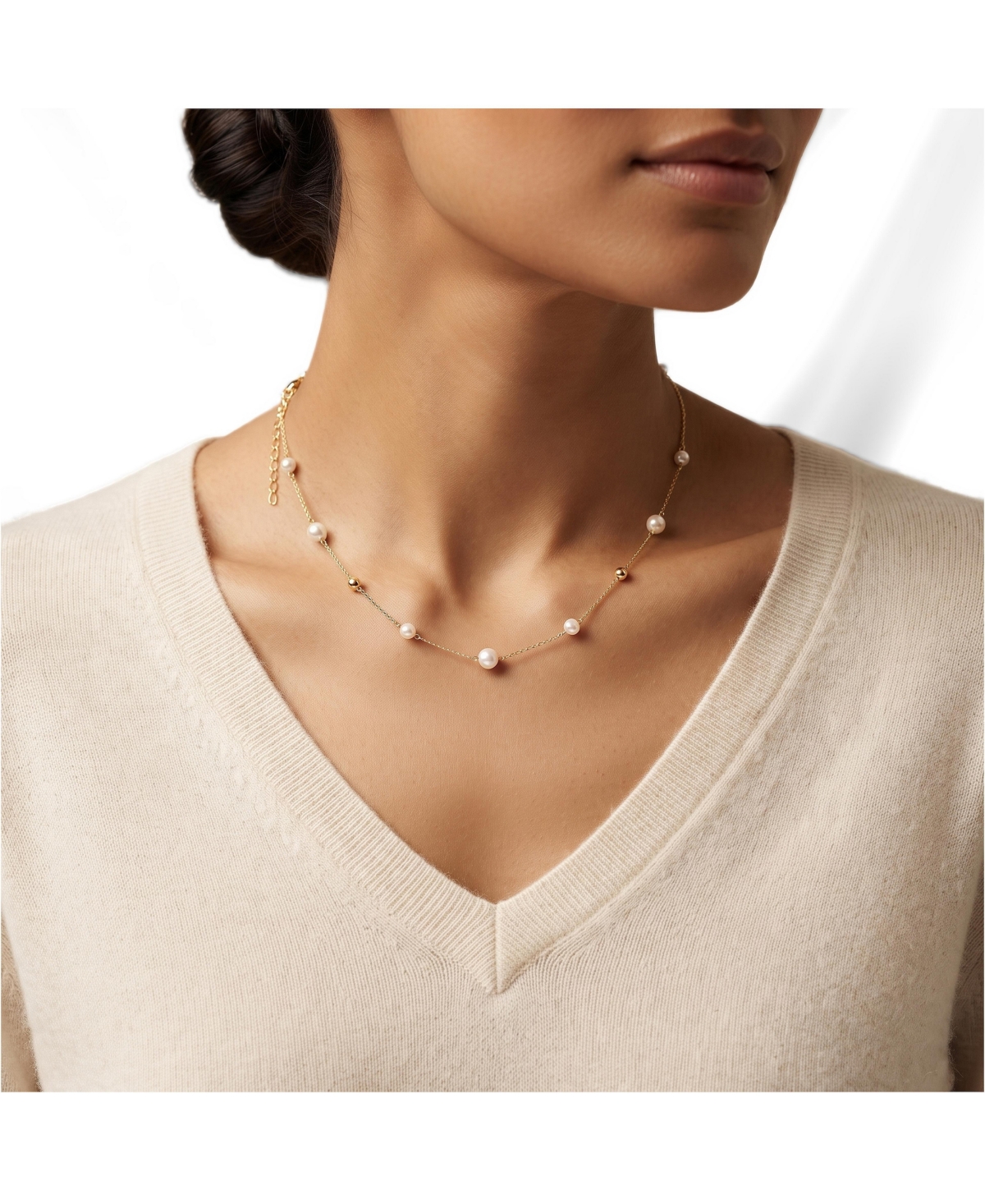 Etoielle Pearl Necklace Station Necklace in Gold over Silver 18 inches Adjustable