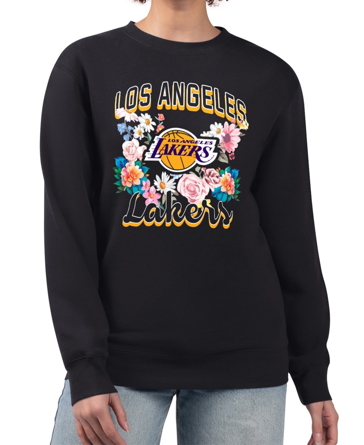 G-iii 4Her by Carl Banks Women's Black Los Angeles Lakers Flowers Team Logo Graphic Fleece Crewneck Pullover Sweatshirt - Black
