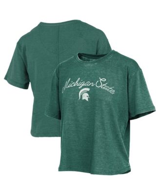 Women's Green Michigan State Spartans Vintage Waist Length Script Over Logo T-Shirt