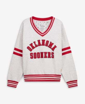 Women's Heather Gray/Crimson Oklahoma Sooners Tackle Twill Oates V-Neck Sweatshirt