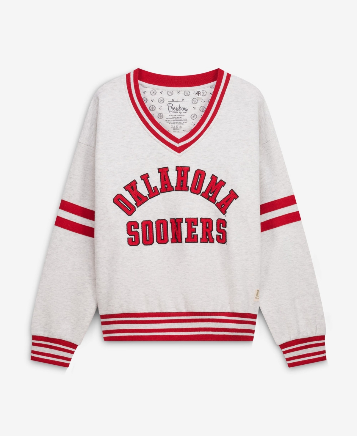 Pressbox Women's Heather Gray/Crimson Oklahoma Sooners Tackle Twill Oates V-Neck Sweatshirt - Heather Gray, Crimson