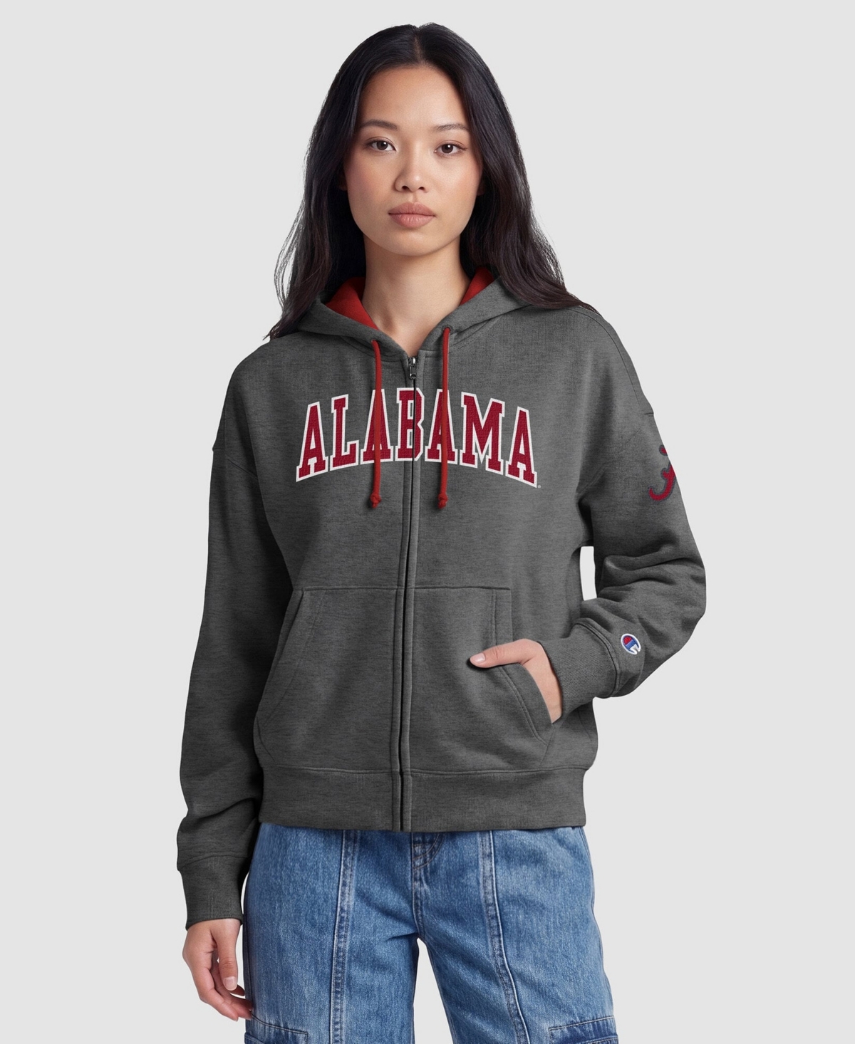 Champion Women's Heather Gray Alabama Crimson Tide Arch Full-Zip Fleece Hoodie - Heather Gray, Crimson