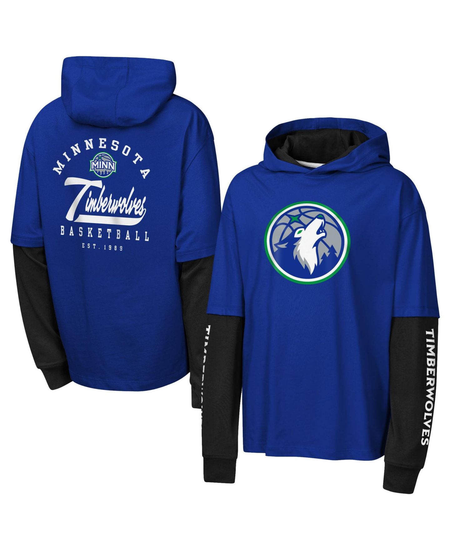 Детская футболка Outerstuff Navy Minnesota Timberwolves Double Nickel Oversized Faux 2fer Hooded — фото 1