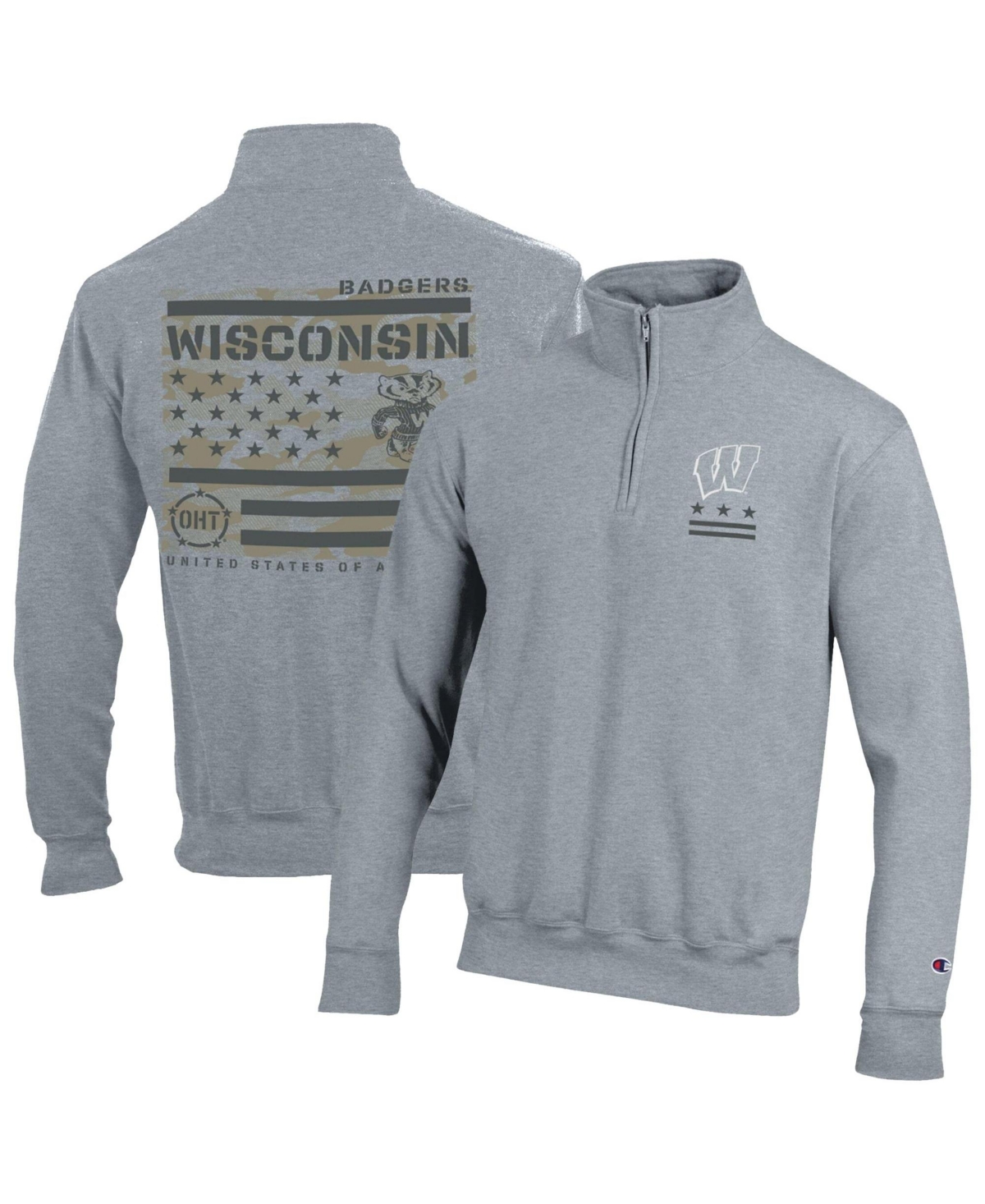 Champion Men's Heather Gray Wisconsin Badgers Operation Hat Trick Flag Power blend Fleece Quarter-Zip Pullover - Heather Gray