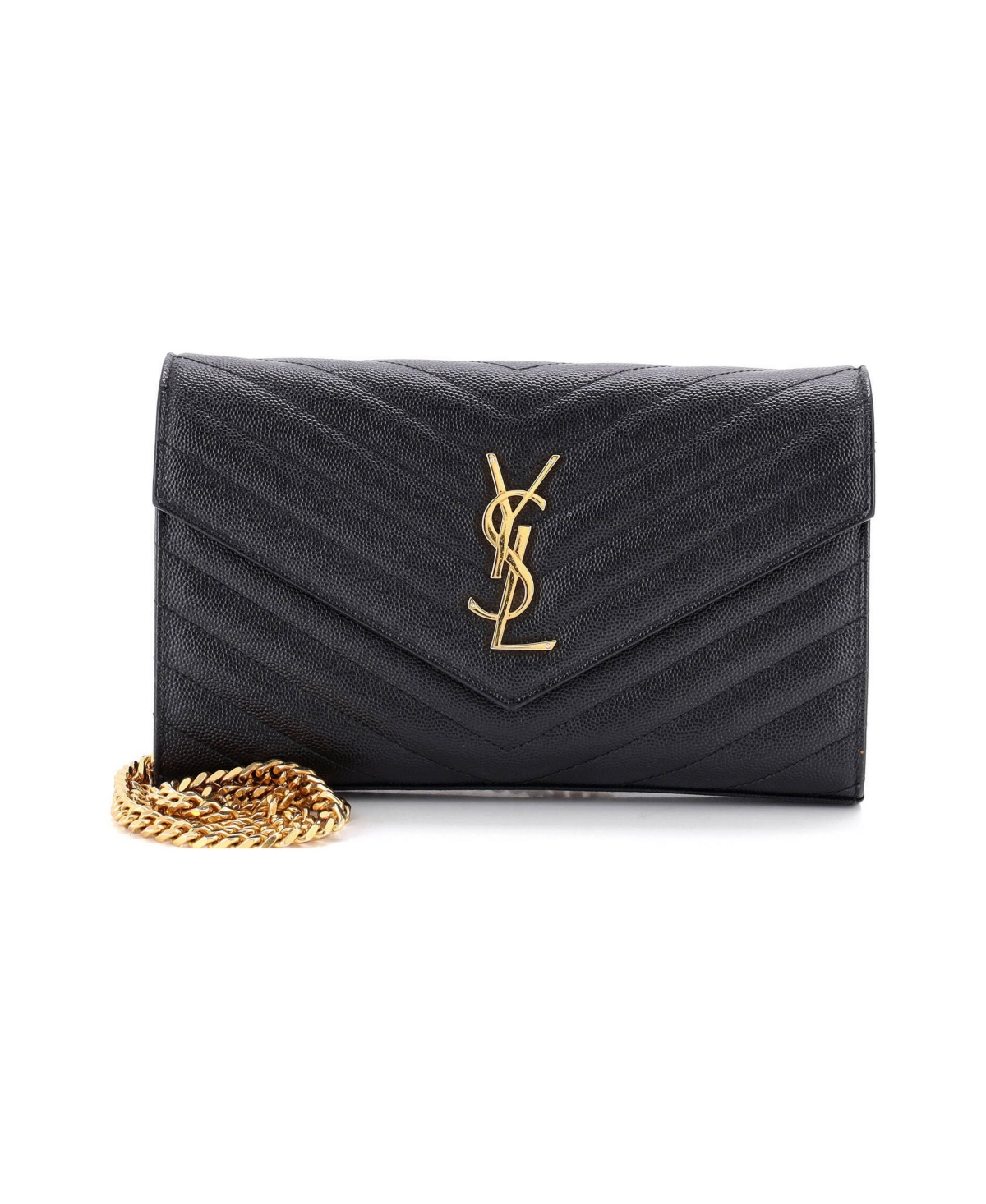 Pre-Owned Saint Laurent Medium Classic Monogram Wallet on Chain Matelasse Chevron Leather - Black