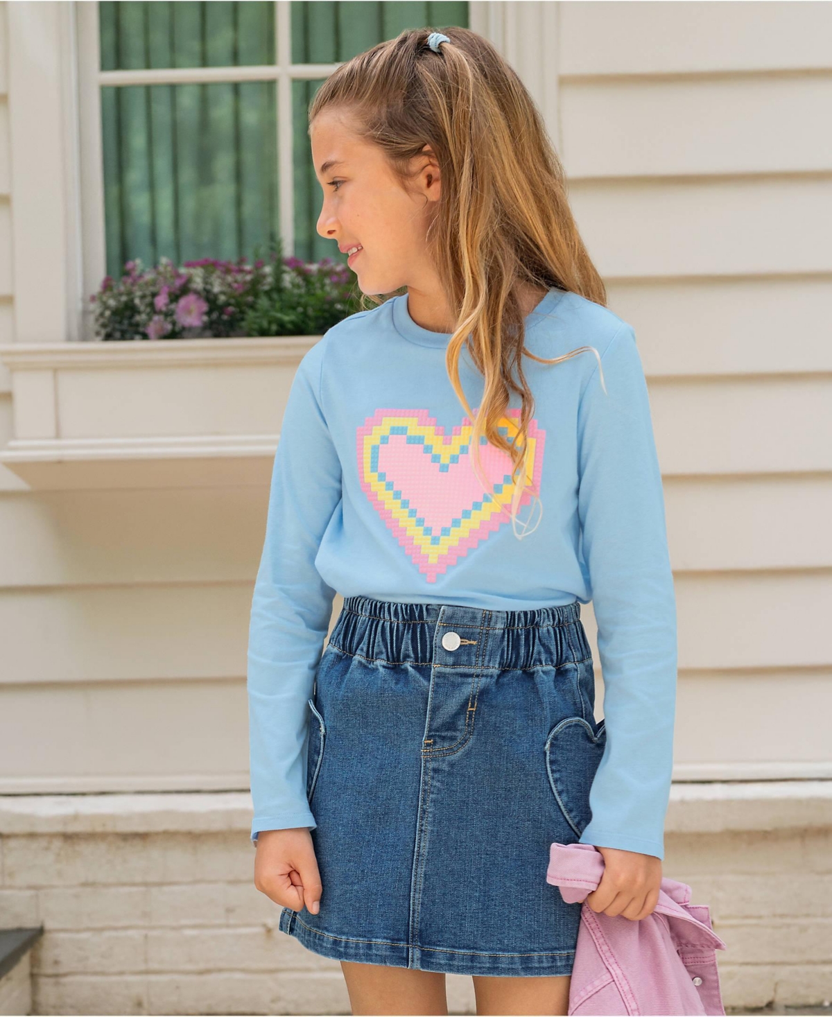 Lands' End Girls Plus Long Sleeve Graphic Tee - Texture/pixel heart/sky blue