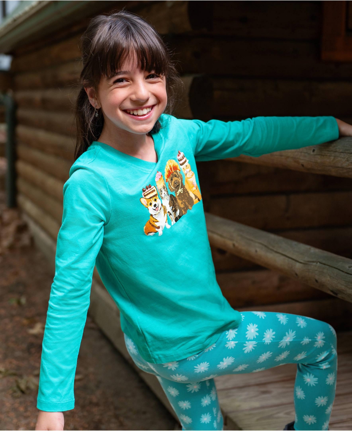 Lands' End Girls Plus Long Sleeve Graphic Tee - Glitter pets/ceramic blue