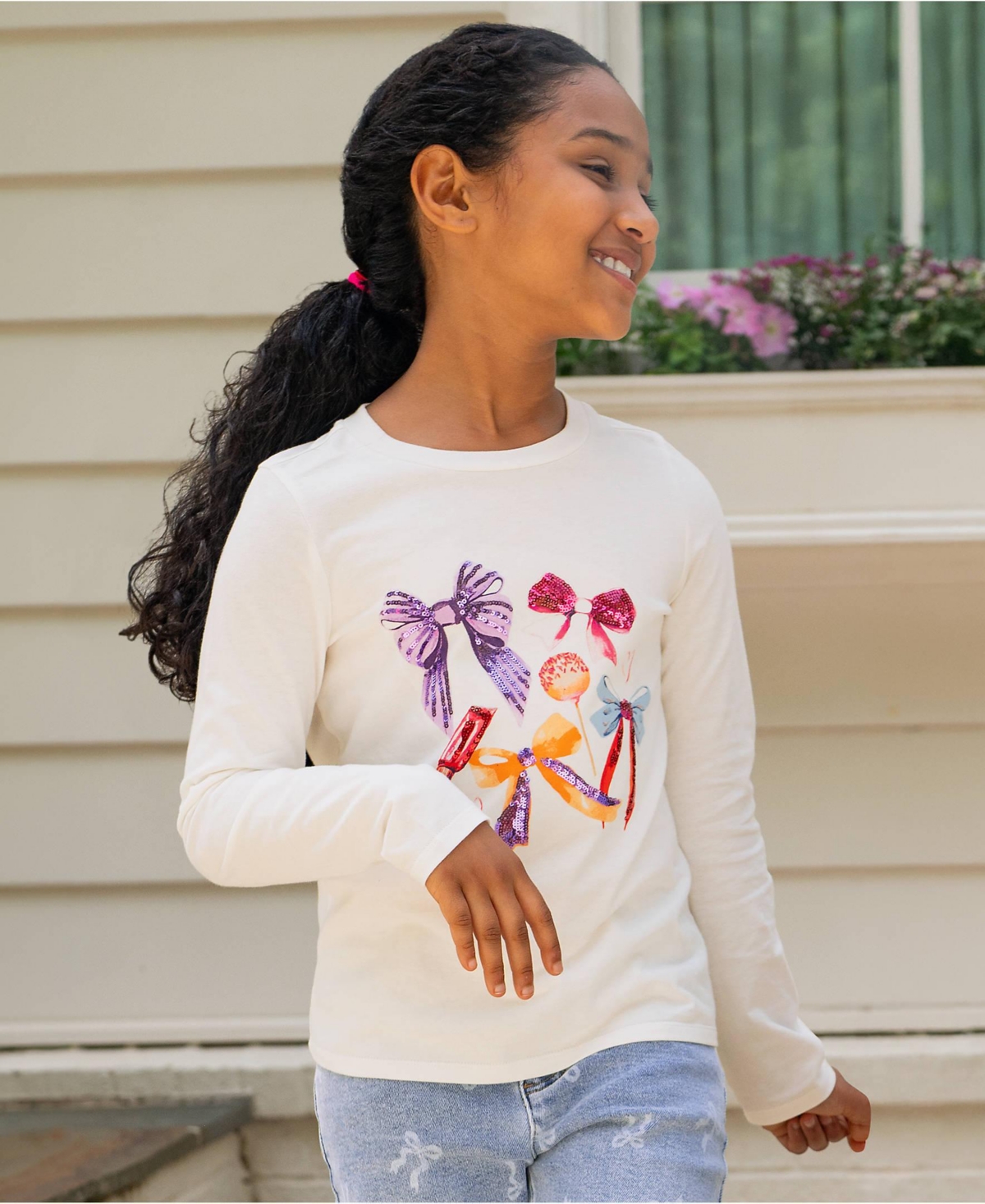 Lands' End Girls Plus Long Sleeve Graphic Tee - Sequins/bows/egret