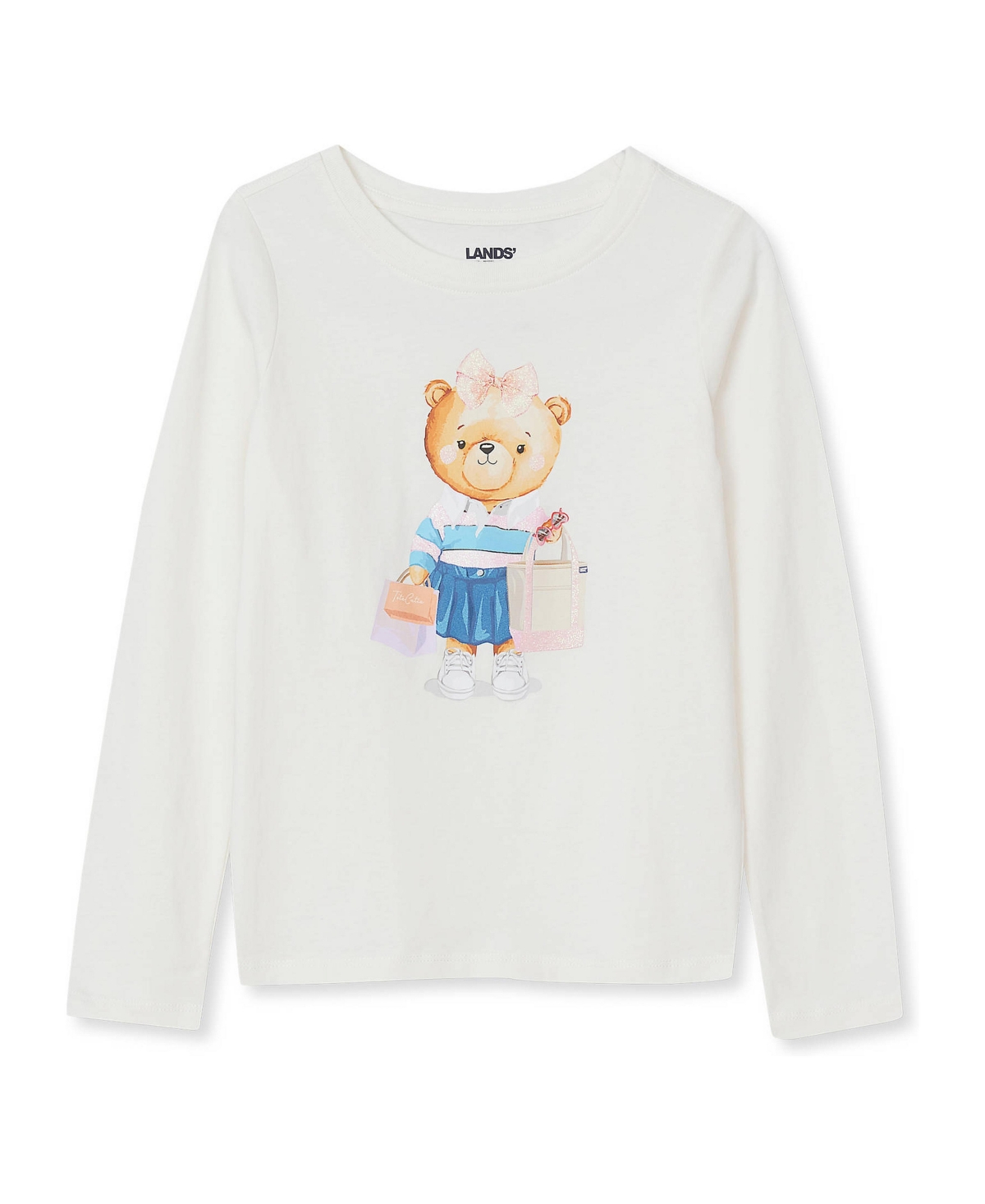Lands' End Girls Plus Long Sleeve Graphic Tee - Glitter/bear bows/ivory
