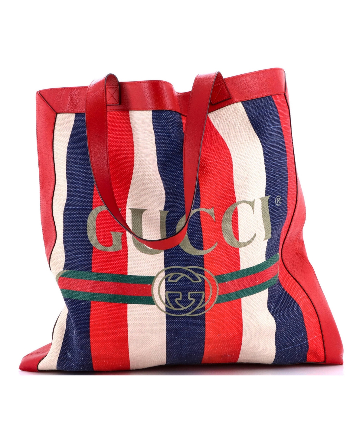 Pre-Owned Gucci Large Logo Tote Striped Canvas and Leather - Red