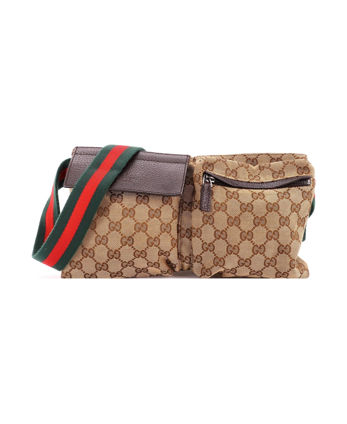 Pre-Owned Gucci Vintage Double Belt Bag Gg Canvas with Leather - Brown