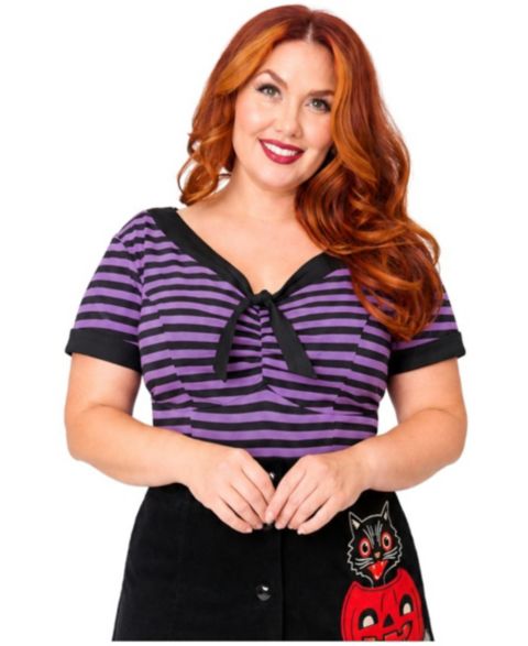 Женский топ Unique Vintage Plus Size V-Neck Bow Short-Sleeve, цвет: Фиолетовый / Чёрный