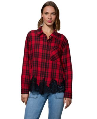 Petite Best Plaid Lace Long Sleeve Shirt