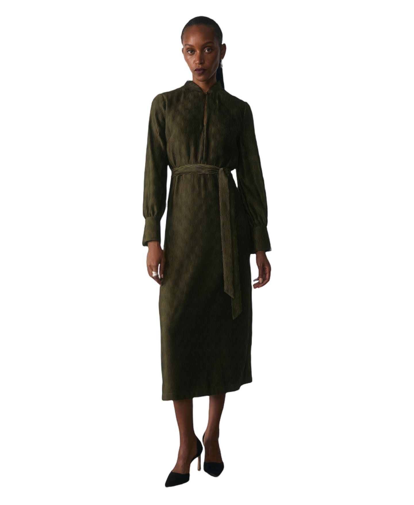 Женское платье The Fold Aurellie Long-Sleeve Wave-Pleated Midi, цвет: Зелёный — фото 1