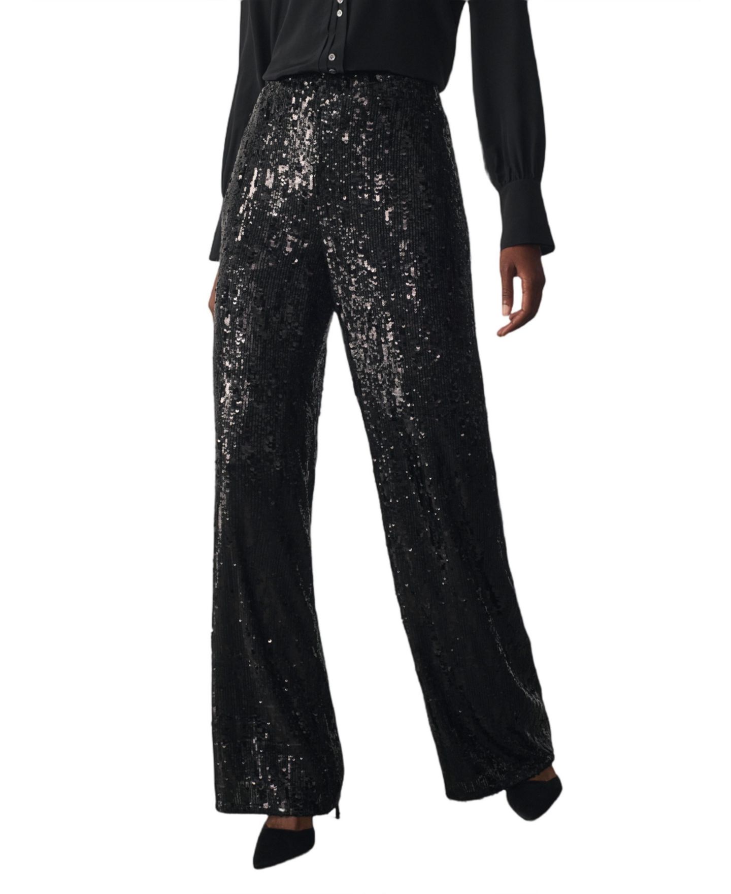Женские брюки The Fold Arezzo Sequin High-Waisted Wide-Leg, цвет: Чёрный — фото 1