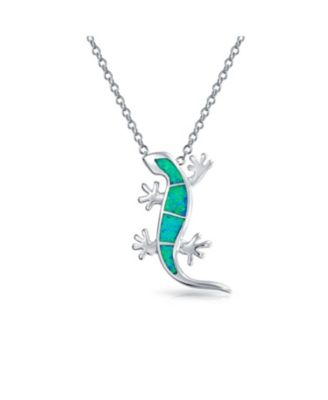 Green Created Opal Animal Lizard Pendant Necklace .925 Sterling Silver
