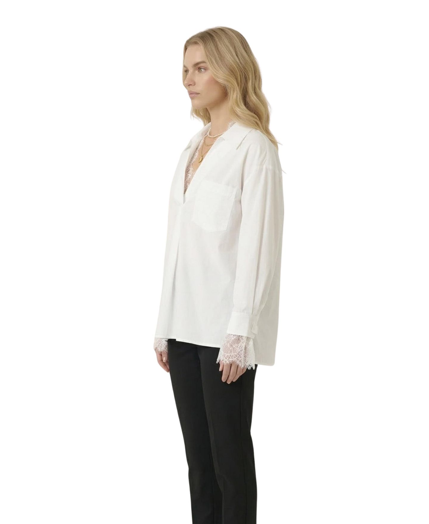 Женская блузка Modenaire Lace Trim Collared V-Neck Popover, цвет: Белый — фото 3