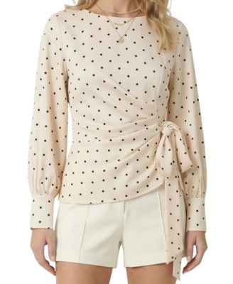 Women's Polka Dot Wrap Side-Tie Boat Neck Long-Sleeve Top