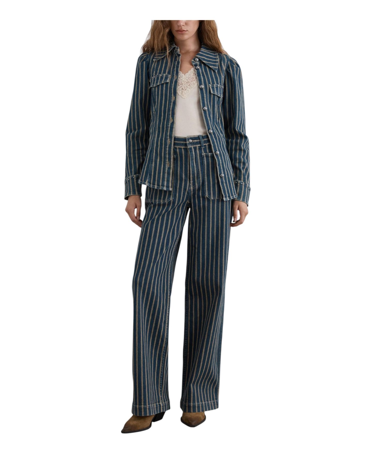 Женская рубашка Scalpers Striped Slim-Fit Puff-Sleeve Denim, цвет: Indigostripes — фото 3