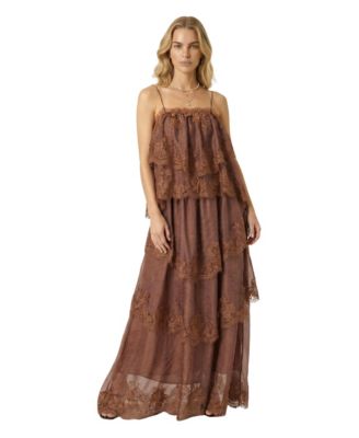 Women's Lace Tiered Square Neckline Maxi Dress