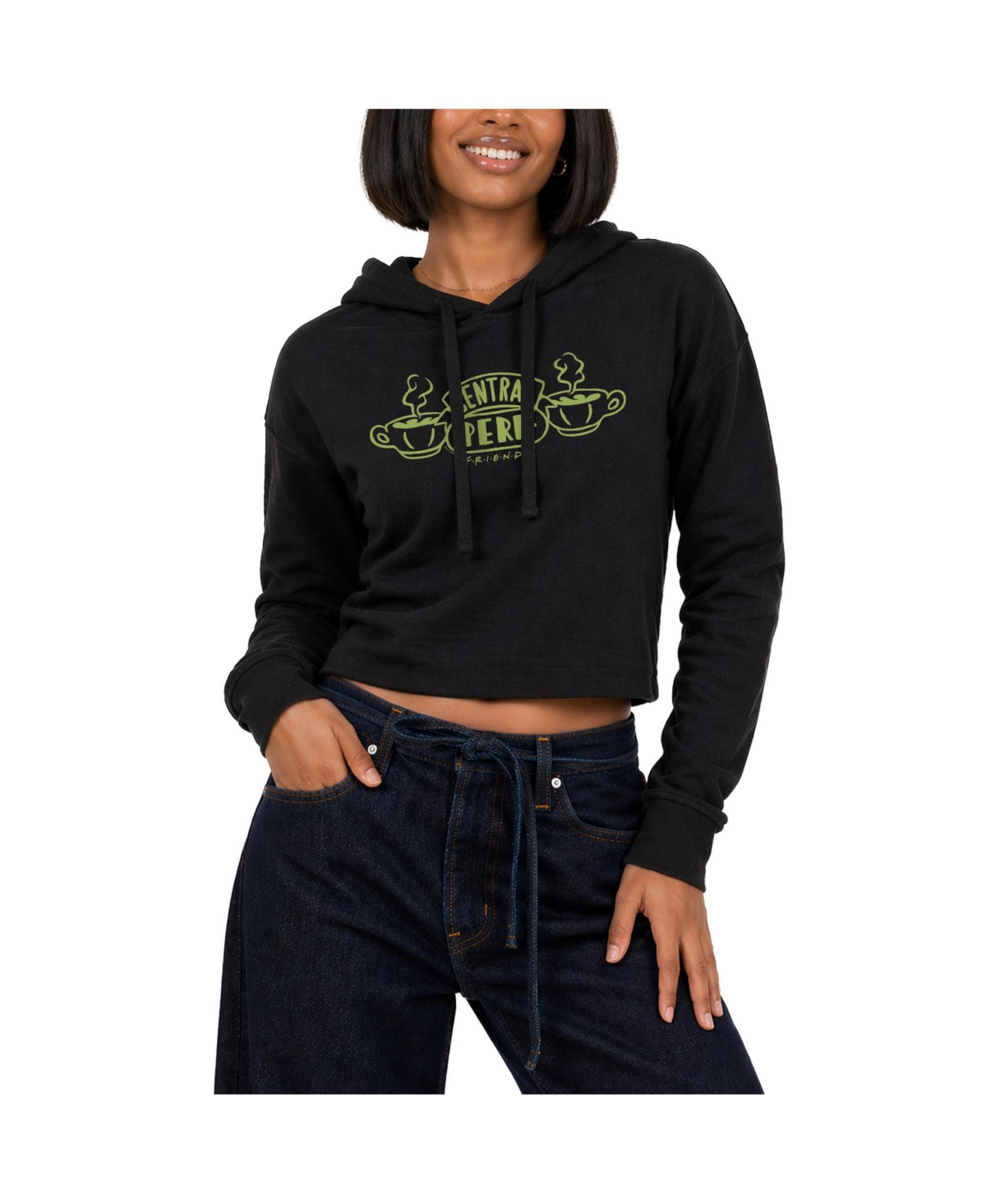 Friends Women's Central Perk Ribbons Cropped Graphic Long-Sleeve Hoodie - Black