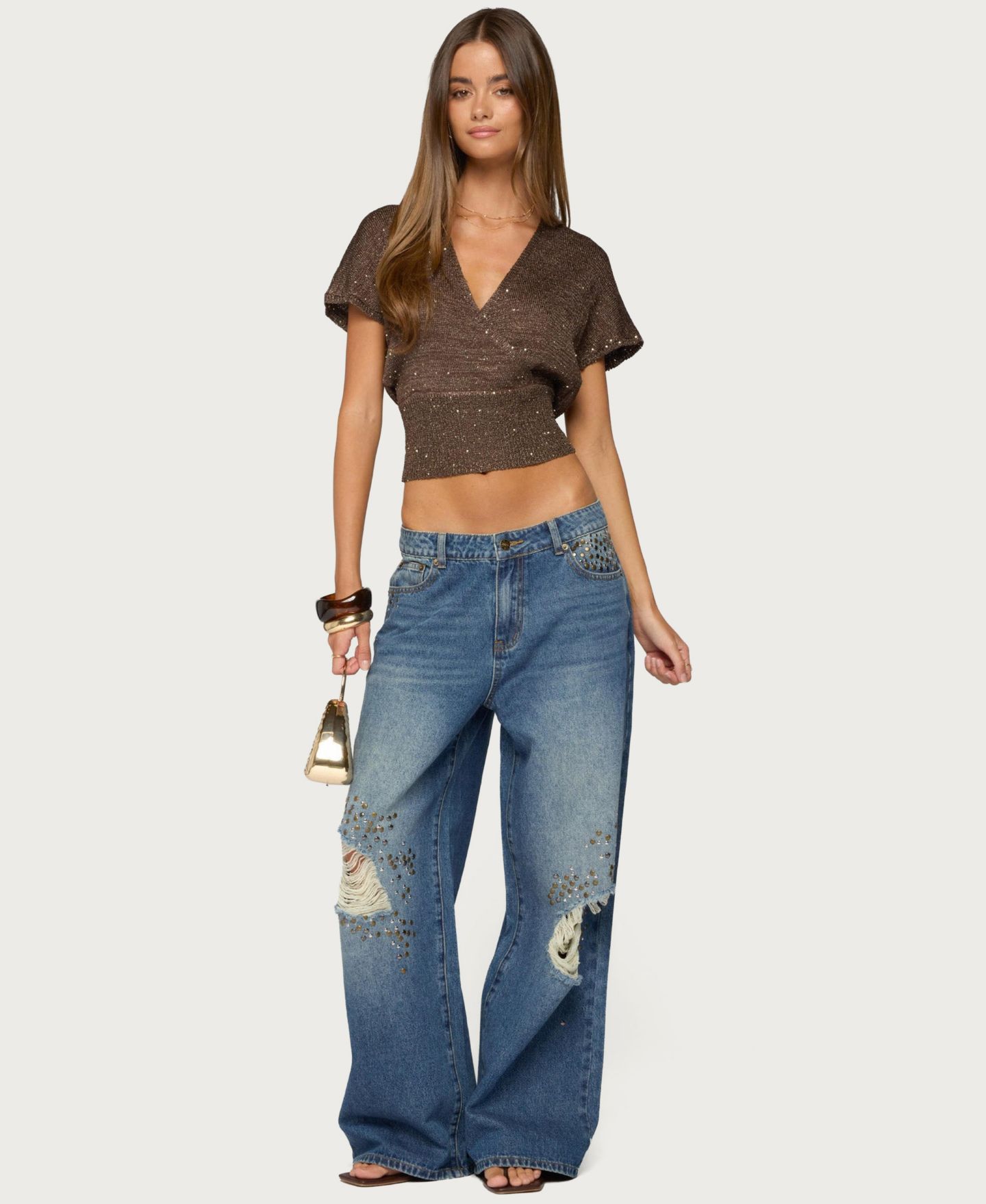 Женский топ Edikted Shirah Sequin V-Neck Backless Crop, цвет: Коричневый — фото 4
